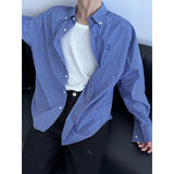 WIAOFELLAS  -  New American Retro Blue Plaid Shirt Men Loose Long Sleeve Loose Casual Button Embroidered Tops Mens Shirts Streetwear