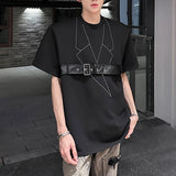 WIAOFELLAS  -  Niche Design Men's T-shirts Round Collar Belt Decoration Contrast Color Short Sleeved Shoulder Pads Loose Male Tops