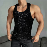 WIAOFELLAS  -  Summer Men's Glitter Sequin Vest, Men's Party Fashion Sleeveless Round Neck Vest, Retro Casual Solid Color Vest