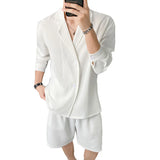 WIAOFELLAS  -  Summer Black/White Sets Men Fashion Long-sleeved Shirt Shorts Two-piece Men Korean Casual Loose Plaid Sets Mens Suit M-2XL