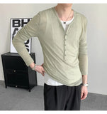 WIAOFELLAS  -  Emerald green deep v-neck perspective long-sleeved T-shirt men's ascetic slim tulle blouse lazy inner Henry collar top