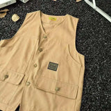 WIAOFELLAS  -  V-neck Men's Tank Tops Single Breasted Solid Color Sleeveless Casual Menswear Loose Pocket Malek Vests Summer