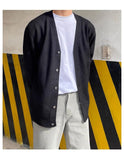 WIAOFELLAS  -  Fashionable V-Neck Knitwear Men's Loose Fit Solid Color Autumn New Style Casual Versatile Open Cardigan Sweater Jacket