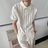 WIAOFELLAS  -  Summer New Men's Striped Knitted Short-Sleeved T-Shirt Retro Fashion Trend Casual Simple Loose Breathable Business Men's Tops