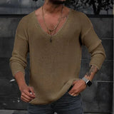 WIAOFELLAS  -  Summer Spring Long Sleeve V Neck Slim Casual Pullover Top Men Vintage Solid Color Knitting T-shirts Mens Fashion Tees Streetwear