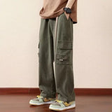 WIAOFELLAS  -  Preppy Style Solid Color Men's Clothing Spring Autumn Elastic Pockets High Waisted Casual Trousers Cargo Straight Bloomers Pants