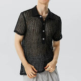 WIAOFELLAS  -  Summer Men's Pure Black Lapel Sweater Loose See-through Short-sleeved T-shirt Men's Bar Dancing Sexy Mesh Shirt