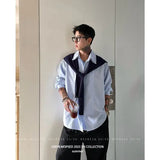 Wiaofellas  -  Men Blue Striped Long Sleeve Shirt Detachable Shawl Design American Style Loose Oversized Casual Tops Fashion Trend Retro