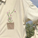 Wiaofellas  -  Mens Japanese Corduroy Floral Embroidered Long-Sleeved Shirt New Genderless Fashion Youth Trend Comfortable Shirt Unisex