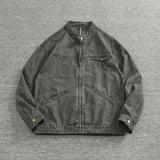WIAOFELLAS  -  Vertical collar button-down tooling biker jacket men's texture granular bead canvas woven vintage casual Detroit jacket