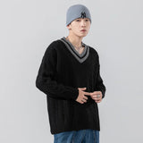 Wiaofellas Autumn Mens Winter Knitted Sweaters Oversized Male Black Pullover V Neck Jumpers Men's Vintage Striped Knitwear Men Clothing