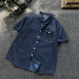 Wiaofellas  -  Summer Vintage Japanese Style Pocket Splicing Denim Short Sleeve Loose Washed Five Sleeve Workwear Shirt Trendy Unisex Casual