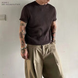 Wiaofellas  -  Luxury Textured Knit Men T-shirt Ribbed Short Sleeve O Neck Slim Fit Casaul Tees Korean Fashion Streetwear Breathable Tops M-3XL
