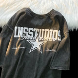 WIAOFELLAS  -  Retro American Street Washed Oversize Short Sleeve Crew Neck T-Shirt Unisex Loose Fit Cotton Top for Women And Men