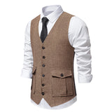 Wiaofellas  -  Men Suit Vest Herringbone Fabric Waistcoat Business Wedding Casual V Neck Men's Formal Party Dress Blazer Vests V12