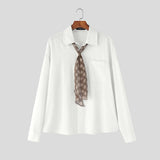 WIAOFELLAS  -  Men Shirt Solid Color Lapel Long Sleeve Men Clothing Plaid Scarf Streetwear Loose Cotton Fashion Casual Tops Male Shirts