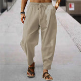 Wiaofellas  -  Men's Summer Casual Sports Pants Loose Fit Cotton Linen Breathable Straight Leg Trousers Youthful Energy Style Khaki Color