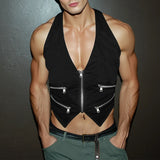 WIAOFELLAS  -  Men Tank Tops Solid Color Deep V Neck Sleeveless Zipper Male Vests Summer Streetwear Sexy Fashion Crop Tops Men