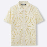 WIAOFELLAS  -  summer Button Lapel Knit Shirt Mens Floral Embroidery Patchwork Shirts Fashion Men Casual Short Sleeve Hollow Out Shirt For Male