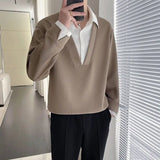 Wiaofellas  -  Mens Polo Collar Sweatshirt Fake Two Piece Casual Slim Fit Pullover Top