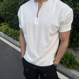 WIAOFELLAS  -  T Shirts for Men Summer New High-end Advanced Casual Simple Breathable and Versatile Half-zipper Waffle Short-sleeved T-shirt