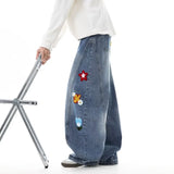 Wiaofellas  -  Spring Floral Appliques Washed Y2K Baggy Jeans For Men High Street Fashion Wide-Leg Denim Trousers New Hip Hop Straight Jean