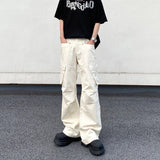 WIAOFELLAS  -  Men's Clothing Elastic Solid Color Zipper Pockets High Waisted Casual Trousers Straight Spring Autumn Wide Leg Cropped Pants