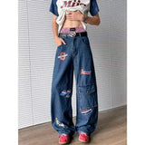 WIAOFELLAS  -  Niche Design Men's Denim Pants Printing Contrast Color Washing Casual Wide Leg Trousers Straight Male Jeans Trendy