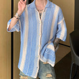 Wiaofellas  -  Summer Short Sleeve Hollow Out Knit Shirt Men Stylish Striped Contrast Collar Knitted Cardigan Mens Tops Fashion Button Shirts