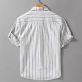 Wiaofellas  -  Spring Summer Fashion Cotton Shirt For Men Stripe Short Sleeve Loose Tops Streetwear Trendy Casual Loose Versatile Clothing