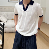 Wiaofellas  -  Summer Men's Knitted Polo Shirt Contrast Color Lapel V-Neck Hollow Out Mesh Short Sleeve Casual Breathable Slim Fit Fashion Tops