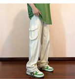 WIAOFELLAS  -  American Retro Workwear Pants Men's High Street Ins Trendy Loose Straight Leg Mop Pants with Multiple Pockets Casual Pants