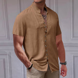 Wiaofellas  -  Summer Linen Beach Shirts Fashion New Short Sleeve Stand Collar Tees Cardigan Streetwear Men Clothing Solid Button T Shirt