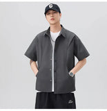 WIAOFELLAS  -  Men's Summer Solid Color Short-Sleeve Shirt - Relaxed Drop-Shoulder Casual Top, Textured Design for Smart-Casual Wear