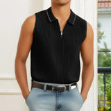 WIAOFELLAS  -  Spring Summer New Vintage Turn-down Collar Zipper Knit Polo Shirt Menasual Solid Sleeveless Tank Top Polo Tops Mens Streetwear
