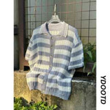 Wiaofellas  -  American Retro Hollow Knitted Striped Short Sleeved Shirt Men's Summer Lazy Style High End Shirt Jacket