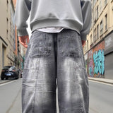 Wiaofellas  -  Loose Wide-leg Jeans Street Trend Washed Retro Loose Men's Dark Gray Fashion Pants