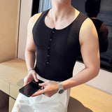 WIAOFELLAS  -  Summer Button Sleeveless T-shirts for Men Fitness Gym Slim Fit Mens Tank Tops Sweatshirt Jogging Tracksuit Elastic Tee Tops Man