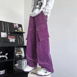 WIAOFELLAS  -  Korean Fashion Wide Leg Trousers Cargo Solid Color Elastic High Waisted Men's Clothing Spring Autumn Boyfriend Cropped Pants