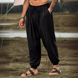 Wiaofellas  -  Fashionable Loose Cotton Linen Casual Pants for Men Color Harlan Long Pants Straight Leg Mid Waist Trousers