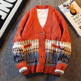 WIAOFELLAS  -  Vintage Argyle Splice Knitted Cardigan Mens Long Sleeved V-neck Sweater Autumn Winter Fashion High Quality Loose Knitwear Tops