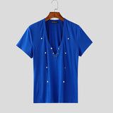WIAOFELLAS  -  Men T Shirt Solid Color V Neck Short Sleeve Button Skinny Casual Male Tee Tops Streetwear Summer Fashion Camisetas