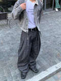 WIAOFELLAS  -  American High Street Retro Pleated Design Striped Men's Loose Straight Casual Wide Leg Pants Street Sle Casual Trousers