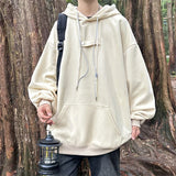 WIAOFELLAS  -  With Hat Hoodies Men Loose Chic Solid Drawstring Hooded Hoodie Simple All-match Spring Fashion Leisure Kangaroo Pocket Harajuku