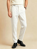 Wiaofellas  -  Elegant Neapolitan Men Solid Color Suit Trousers Side Paris Buckle Button Closure Formal Business Daily Straight Dress Pant