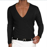 WIAOFELLAS  -  Spring Autumn Men's T-shirt Solid Color V-neck Long Sleeve Tops Tees Man Oversized Loose Fitness T-Shirts For Male Clothes