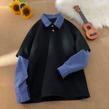 WIAOFELLAS  -  Blue Plaid Two-Piece Illusion Polo Shirt 2025 Spring New Long Sleeve Shirt Korean Style Lattice Splicing Lapel Sweatshirt Couple