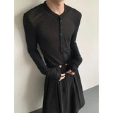 WIAOFELLAS  -  Black Long Sleeved T-shirt Men Slim Fit Fashion Black Casual T Shirt Men Streetwear Korean Loose Cardigan T-shirt Mens Top