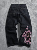 Wiaofellas  -  Daily Outdoor Casual Denim Pants Mens Autumn Warm Wide Leg Trousers Pattern Print Denim Loose Fit Bottoms For Male