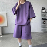 WIAOFELLAS  -  Fashion Men's Suit Solid Color Letter Print O-neck T-shirt Trendy Drawstring High-waisted Shorts Set Male Summer